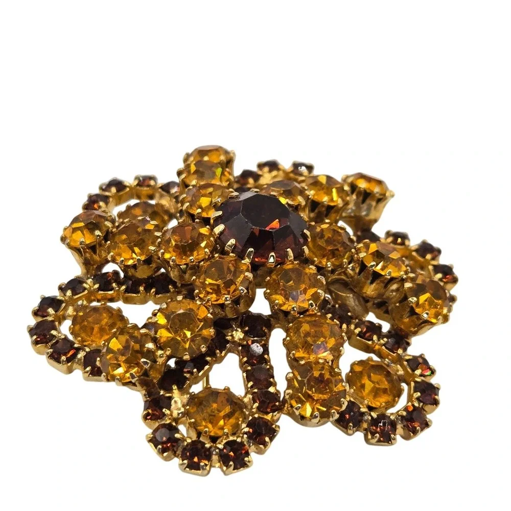 VTG Brooch Tiered Boho Cluster Root Beer Rhinestone Floral‎ Autumn Fairycore Pin